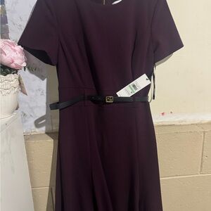 Calvin Klein Deep Purple Midi Dress with Black Belt